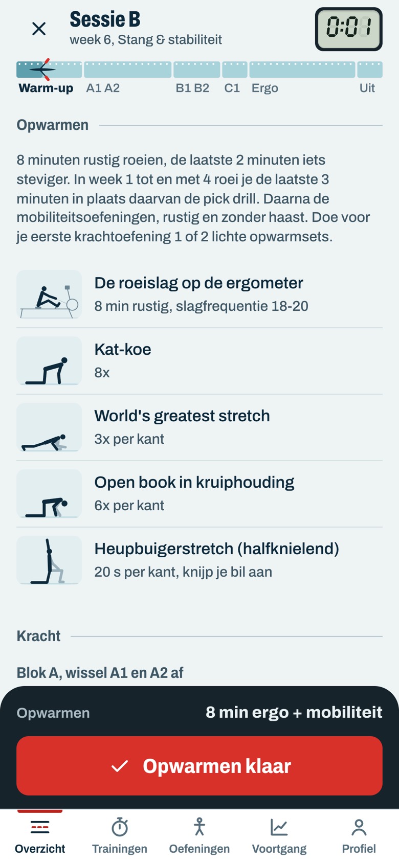 A session in the app: the warm-up with the rowing stroke on the erg and mobility work (screen in Dutch)