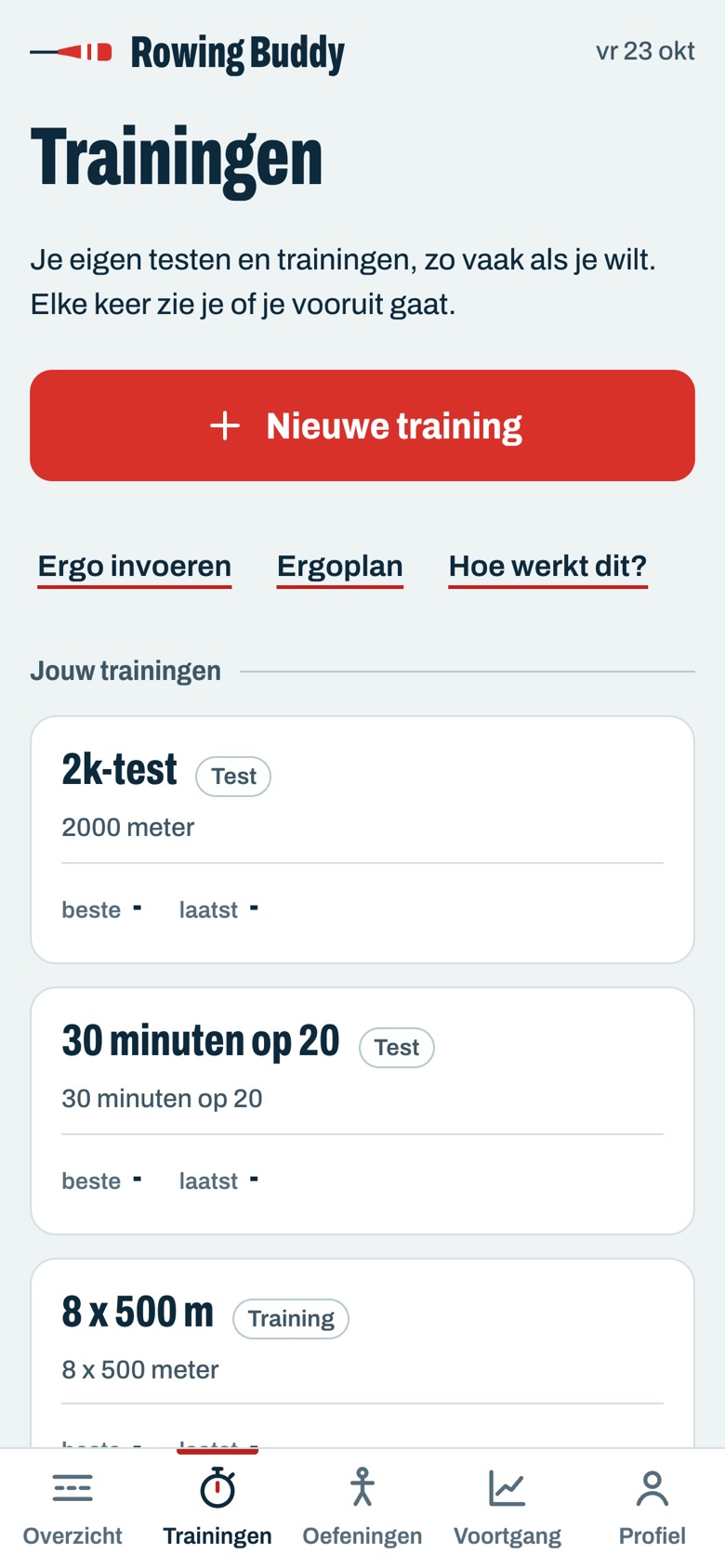 The Trainings screen: the New training button and ready-made trainings such as the 2k test and 8 x 500 metres (screen in Dutch)