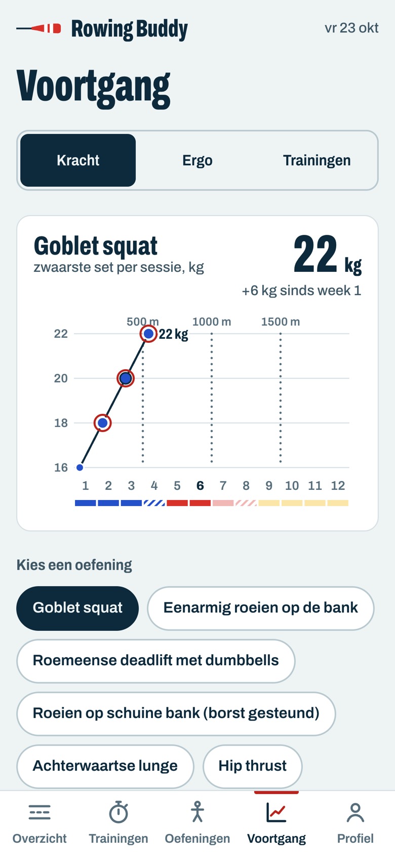 Progress in the app: the goblet squat chart, from 16 to 22 kilos over four weeks (screen in Dutch)